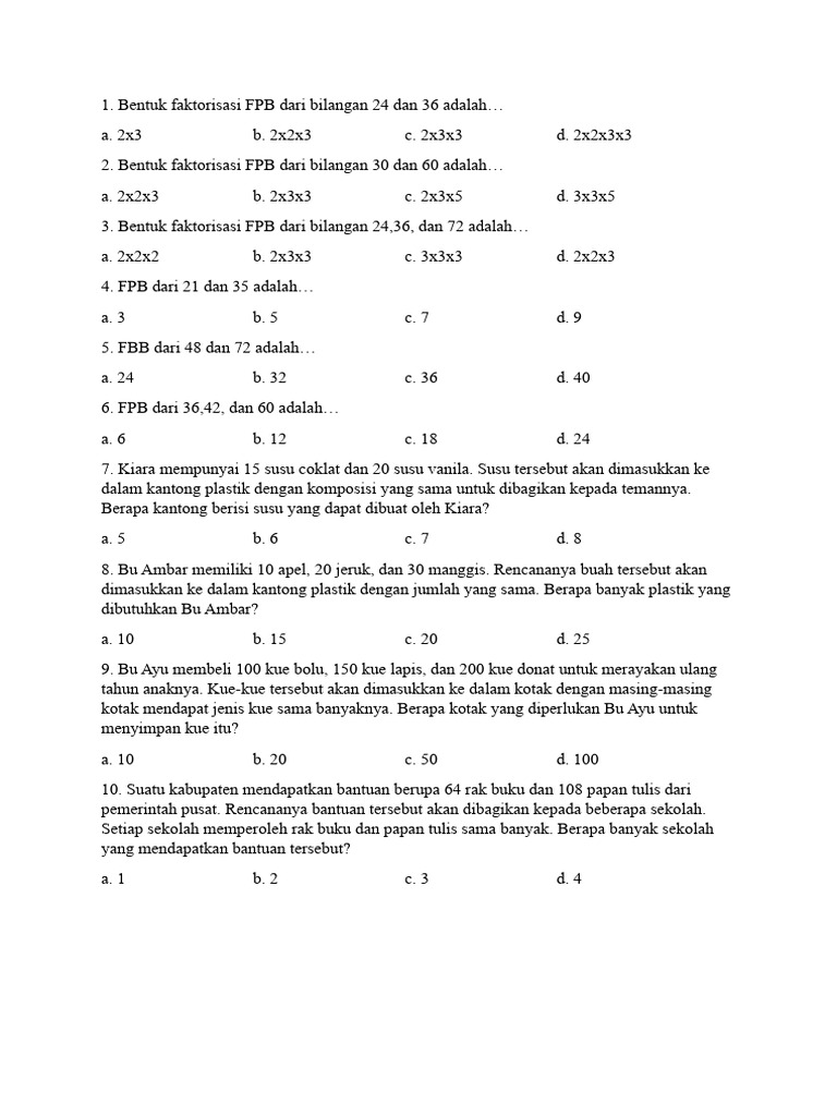 Soal FPB dan KPK Kelas 4 SD PDF Soal FPB dan KPK Kelas 4 SD PDF