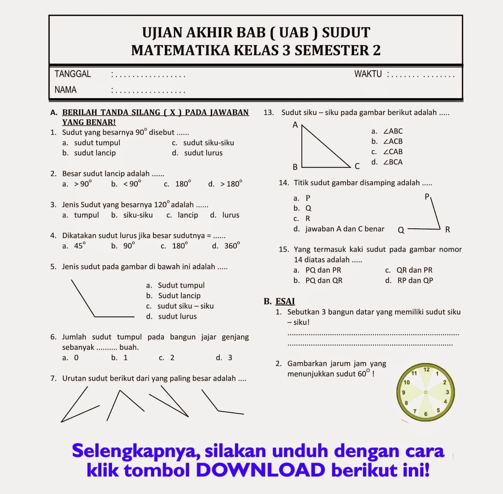 Kumpulan Soal Sudut Kelas 3 SD Terbaru dan Kunci Jawabannya untuk Latihan Ulangan Harian Kumpulan Soal Sudut Kelas 3 SD Terbaru dan Kunci Jawabannya untuk Latihan Ulangan Harian