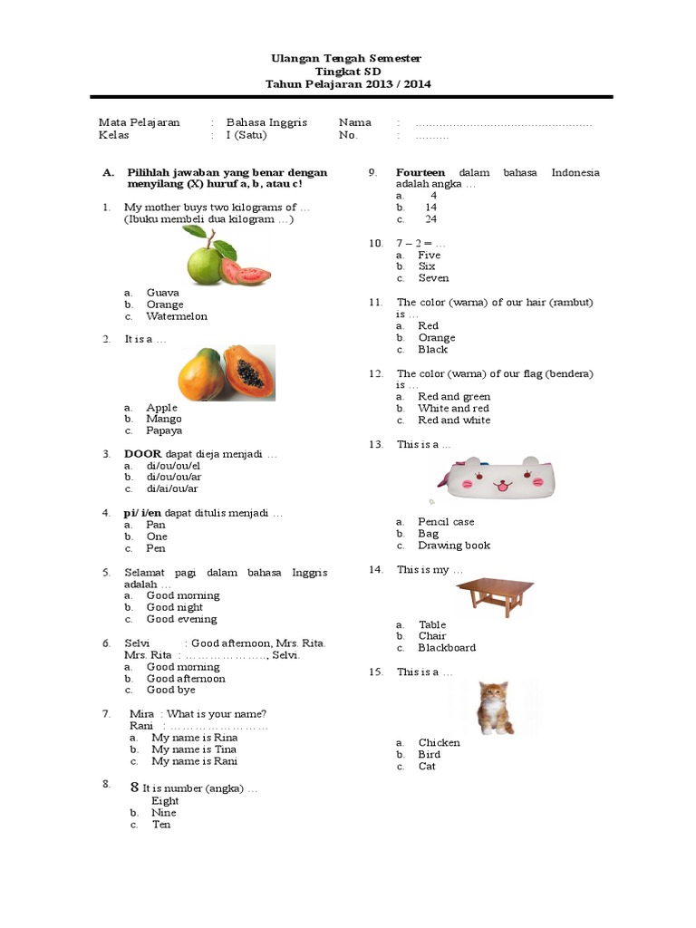 Latihan Soal Bahasa Inggris Kelas 3 Sd