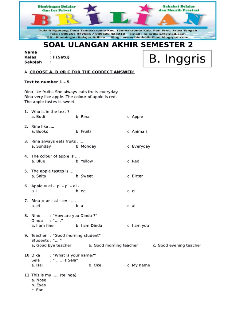 contoh soal bahasa inggris kelas 3 sd semester 1